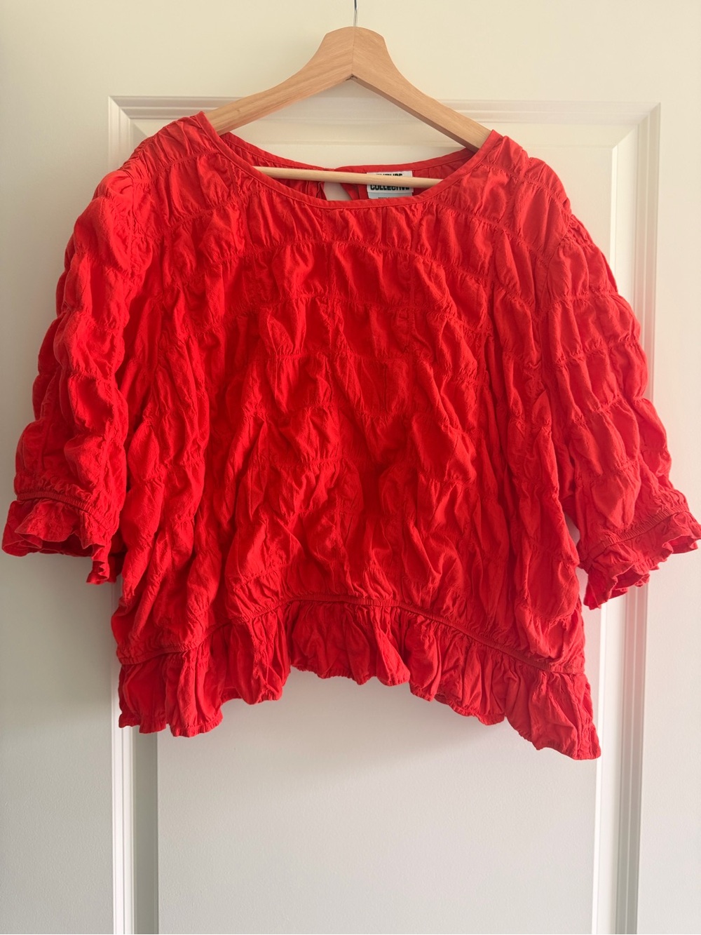 Red Textured Ruffle-Hem Women's Blouse